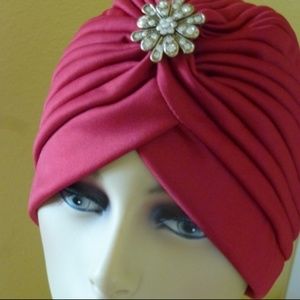 Chemo Hat/turban in Burgundy with Decorative Pin